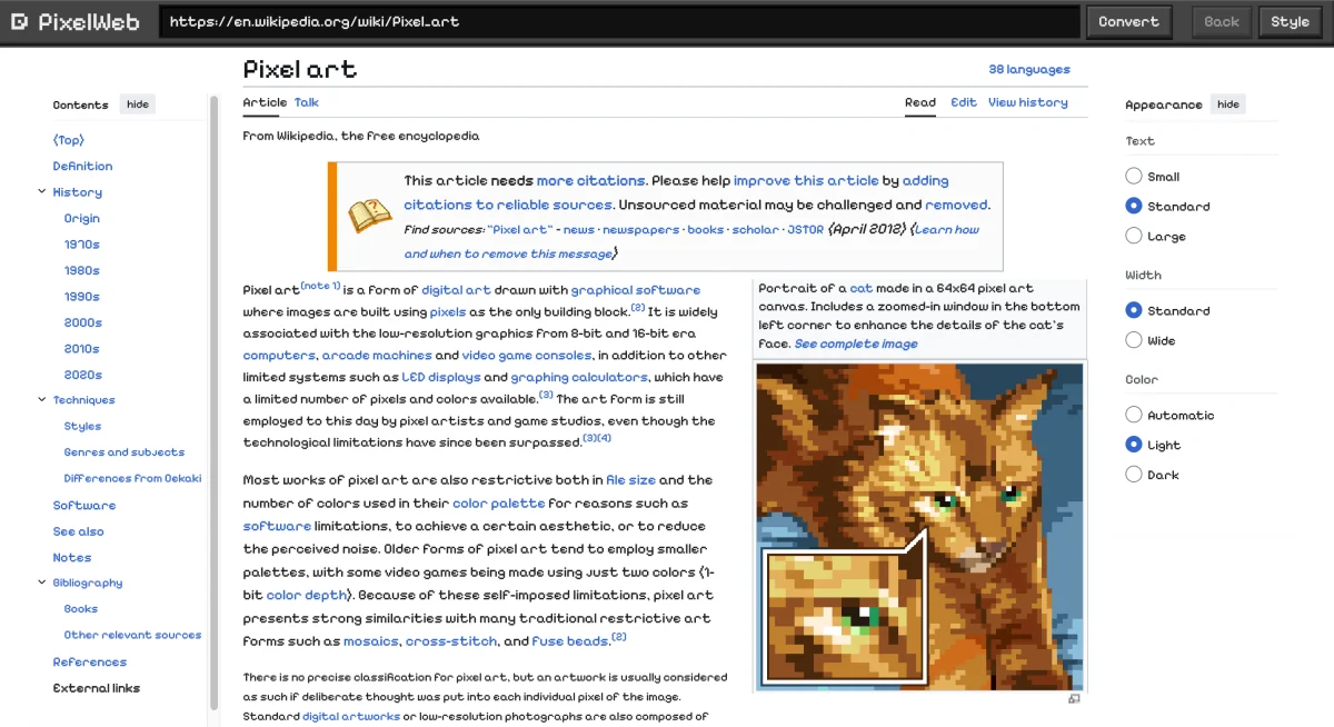 Pixel Web showing Wikipedia's Pixel art article in pixel type, with the cat portrait re-rendered as pixel art